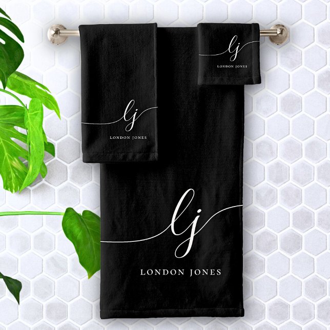 Conjunto De Toalhas Chic Mínimo Preto Preto Mínimo do Monograma (Criador carregado)