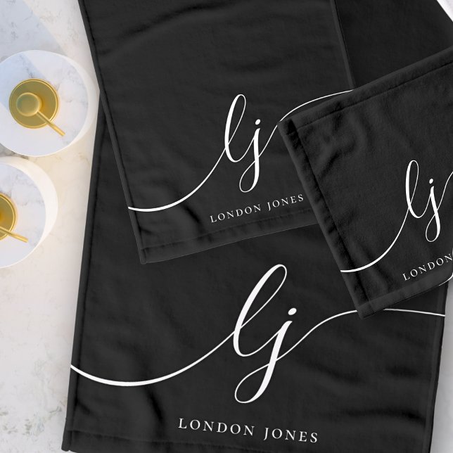 Conjunto De Toalhas Chic Mínimo Preto Preto Mínimo do Monograma (Criador carregado)