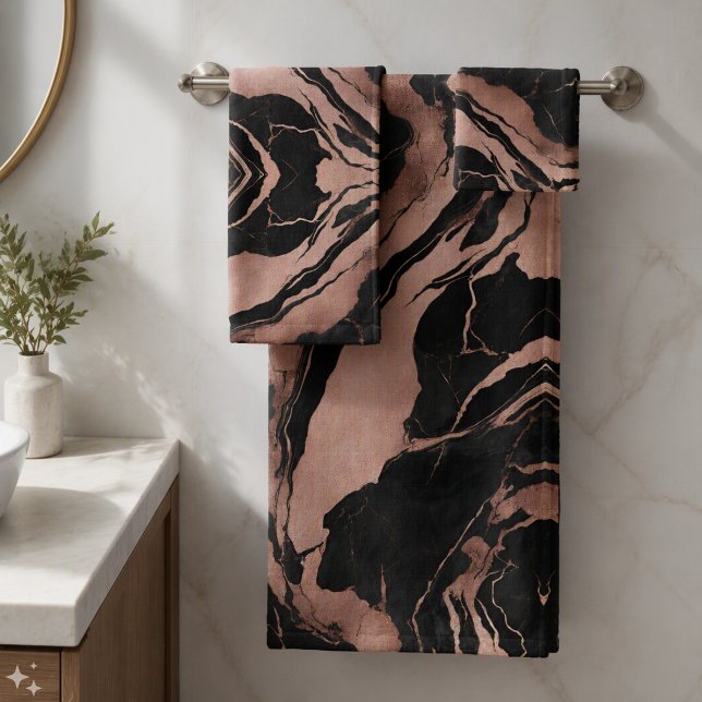 Conjunto De Toalhas Chic Moderno Mármore Preto e Dourado Rosa (Criador carregado)