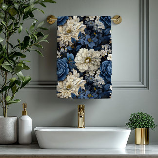 Conjunto De Toalhas Chic Navy Blue Ivory Gold Flowers Bath Towel