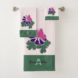Conjunto De Toalhas Chic Nome inicial Verde Borboleta Lave Verde Flor
