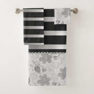 Conjunto De Toalhas Chic Prata Listras Florais Preto
