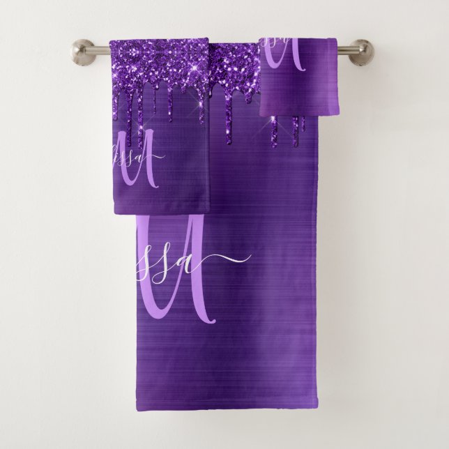Conjunto De Toalhas Chic Purple Drill Glitter Nome Monograma Bath to (Insitu)