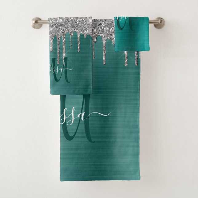 Conjunto De Toalhas Chic Teal Silver Glitter Monograma (Insitu)