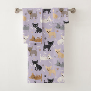 Conjunto De Toalhas Chihuahua Bones e patas roxas