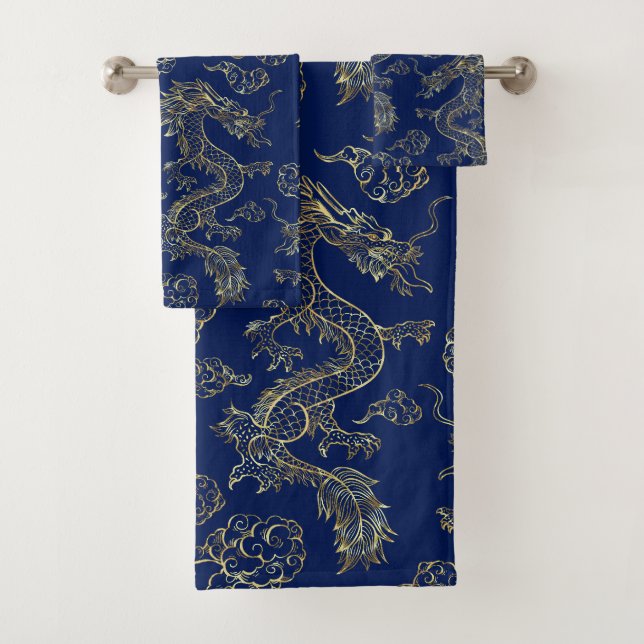 Conjunto De Toalhas Chinese Dragon Gold and Dark Blue (Insitu)