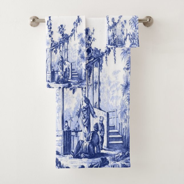Conjunto De Toalhas Chinoiserie azul e branca Oriental 3 Piece Luxury (Insitu)