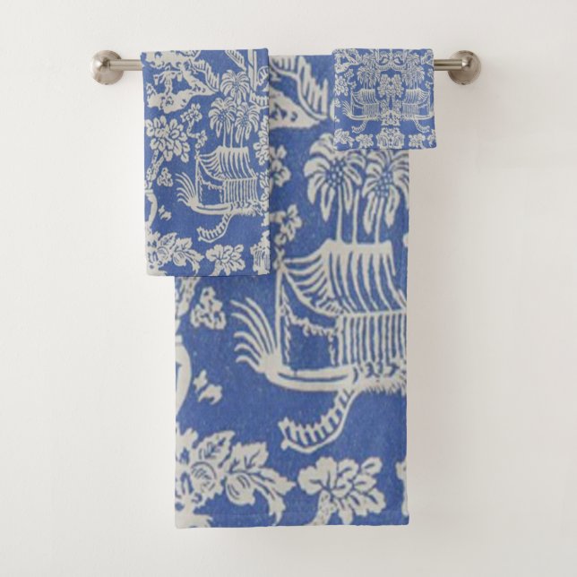 Conjunto De Toalhas Chinoiserie azul e branca Oriental 3 Piece Luxury (Insitu)