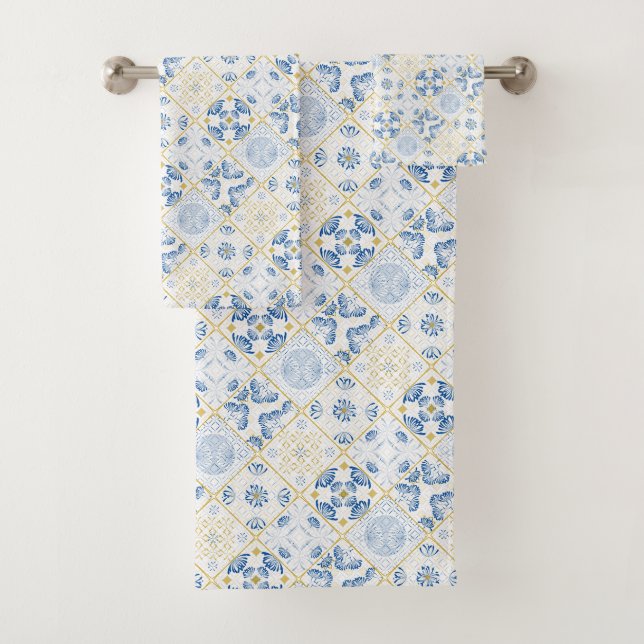 Conjunto De Toalhas Chinoiserie Dourada Geométrica Azul Branco (Insitu)