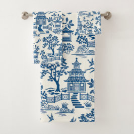 Conjunto De Toalhas Chinoiserie Pagoda Blue em Branco