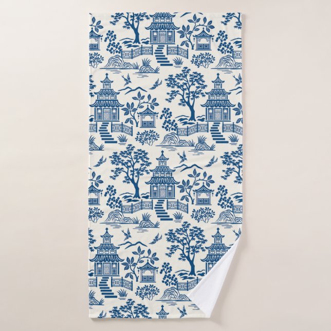 Conjunto De Toalhas Chinoiserie Pagoda Blue em Branco (Toalha de Banho)