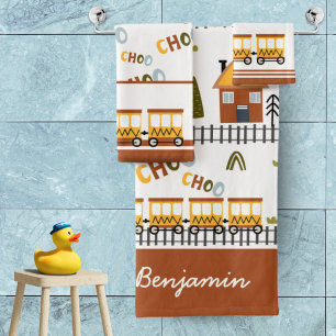 Conjunto De Toalhas Choo Choo Train Patterno Nome Criança Pequena