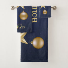 Conjunto De Toalhas Christmas Party Golden Ornament Navy Blue Elegant