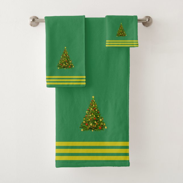 Conjunto De Toalhas Christmas Tree, Three Stripes on Forest Green (Insitu)