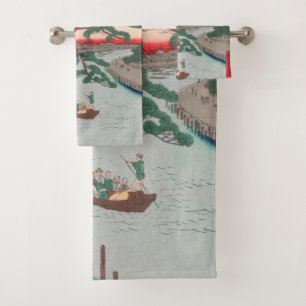 Conjunto De Toalhas Cinco pinheiros no Canal de Onagi Vintage Ukiyo-e