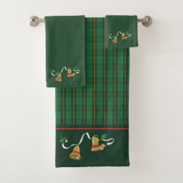 Conjunto De Toalhas Cintos de Natal de Xadrez Dourada Verde