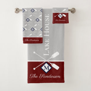 Conjunto De Toalhas Cinza Azul Teal Monograma Lago House Banho Náutico