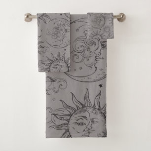 Conjunto De Toalhas Cinza Black Magic Vintage Sun Celestial Estrelas