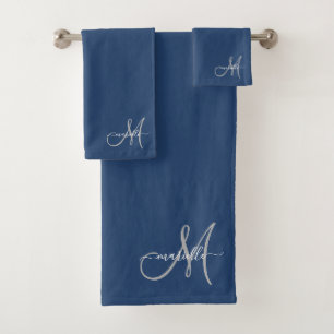 Conjunto De Toalhas Cinza branco Monograma Marinho azul