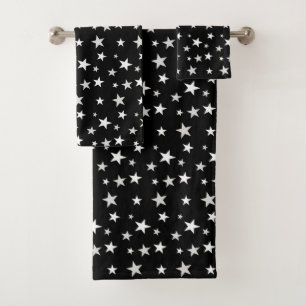 Conjunto De Toalhas Cinza Claro e Estrelas Brancas no Preto