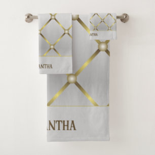 Conjunto De Toalhas Cinza Clássica Branco E Malha Geométrica Dourada