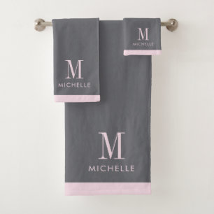 Conjunto De Toalhas Cinza de Monograma Cor-de-Rosa Blush Moderna