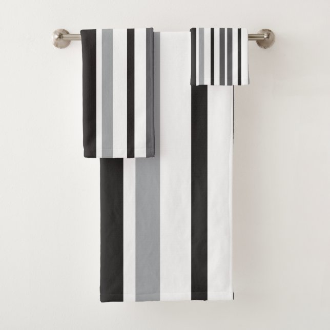 Conjunto De Toalhas Cinza de padrão strips preto branco (Insitu)