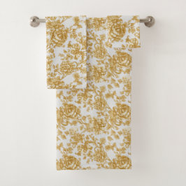 Conjunto De Toalhas Cinza e Dourado Floral Damasco Peônia Rosa