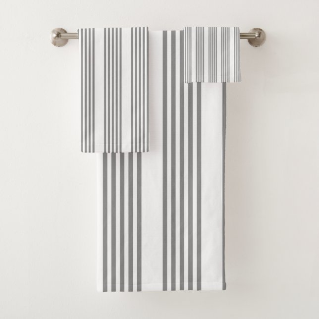Conjunto De Toalhas Cinza e padrão de cinco faixas brancas (Insitu)