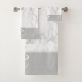 Conjunto De Toalhas Cinza Estilo Marble Monograma Branco Banho Inicial