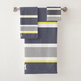 Conjunto De Toalhas Cinza Negra Bandas Monograma Bandeja Estriada Amar