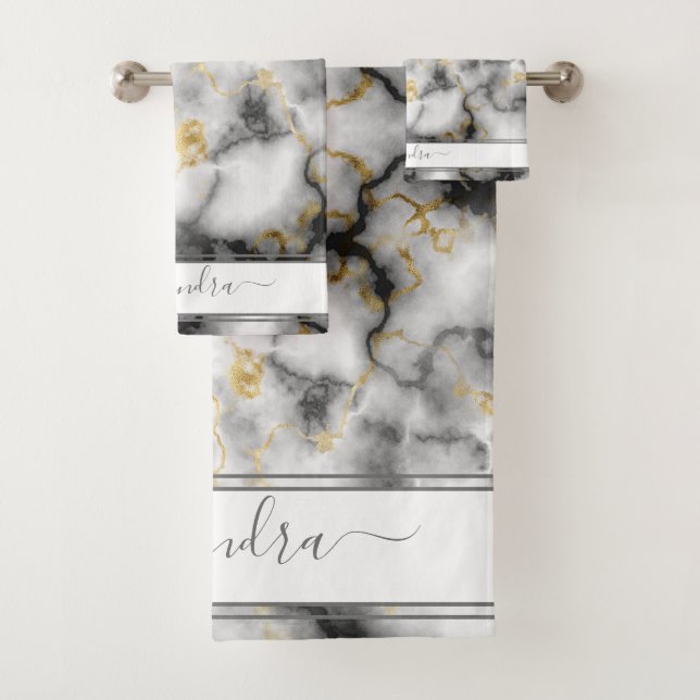 Conjunto De Toalhas Cinza Preta e Dourada Marble Personalizada (Insitu)