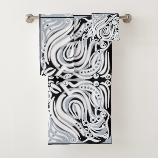 Conjunto De Toalhas Cinza Preto Branco Curly Padrão Abstrato  (Insitu)