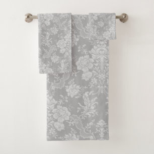 Conjunto De Toalhas Cinza Romântica Chic Floral de Damasco