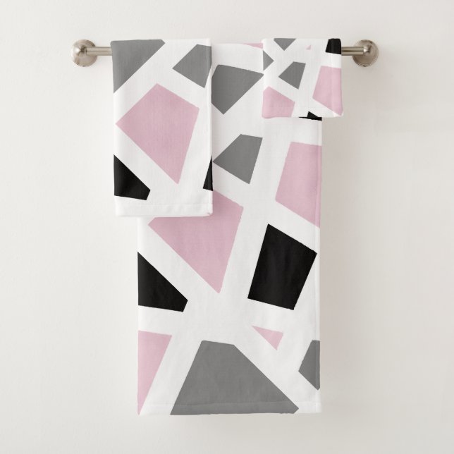 Conjunto De Toalhas Cinza Rosa Abstrato Branco Negro Geométrico (Insitu)