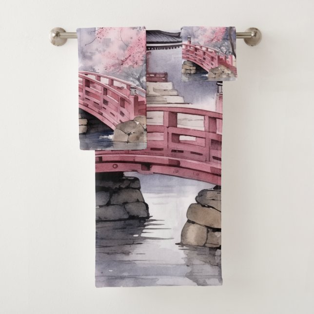 Conjunto De Toalhas Cinza rosa Sakura Blossoms Pagoda Japonês (Insitu)
