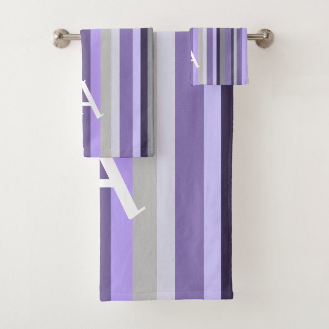 Conjunto De Toalhas Cinza Roxa Lavanda Vertical Striped Personalizada (Insitu)