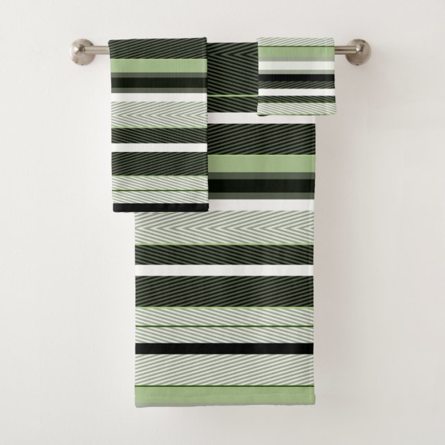 Conjunto De Toalhas Cinza, verde, listras brancas. (Insitu)