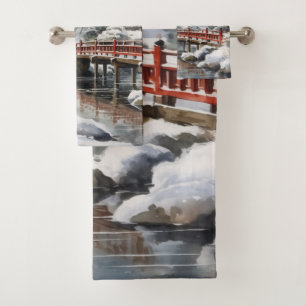 Conjunto De Toalhas Cinza Vermelha Pagoda Japonesa Soribashi Winter