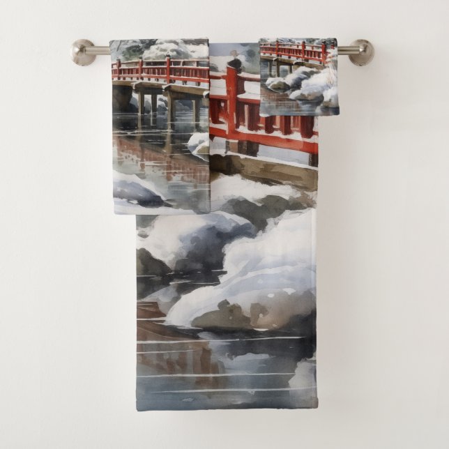Conjunto De Toalhas Cinza Vermelha Pagoda Japonesa Soribashi Winter (Insitu)