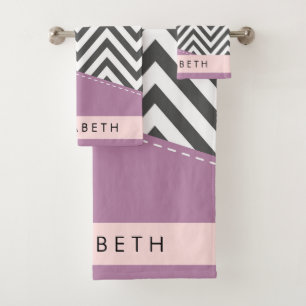 Conjunto De Toalhas Cinza Zigzag, Cinza Chevron, Purple, Seu Nome