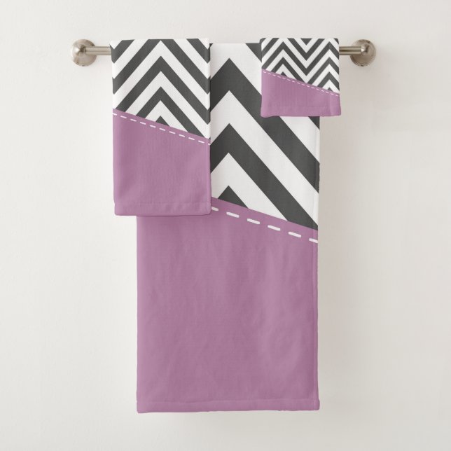 Conjunto De Toalhas Cinza Zigzag, Cinza Chevron, Zigzag Patterno, Roxo (Insitu)