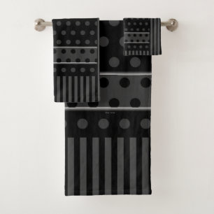 CONJUNTO DE TOALHAS CINZAS DE PONTOS NEGROS E FITAS