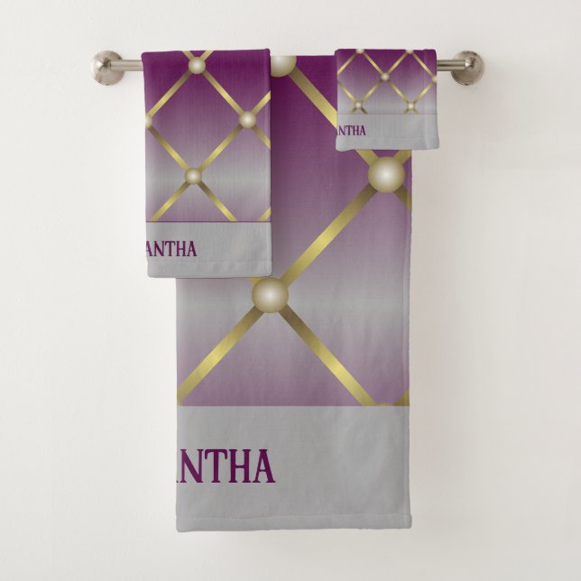 Conjunto De Toalhas Cinzas De Púrpura E Malha Dourada Geométrica (Insitu)