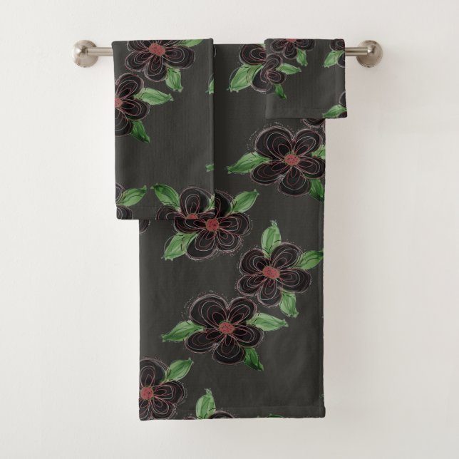 Conjunto De Toalhas Cinzas E Flores Negras (Insitu)