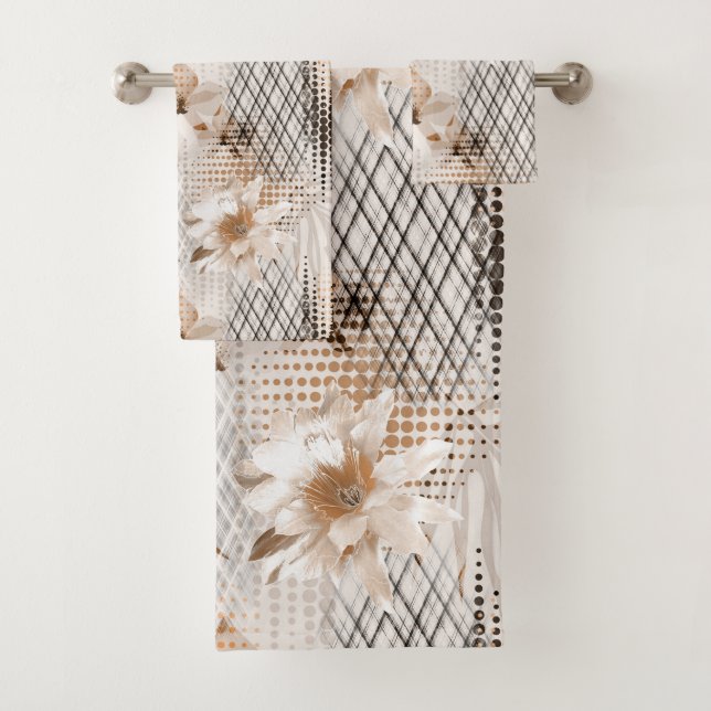 Conjunto De Toalhas Cinzas, padrão tropical bege. (Insitu)