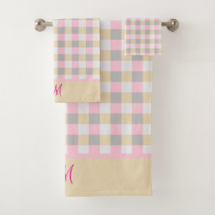 Conjunto De Toalhas Cinzas Rosa Monograma E Xadrez Amarela