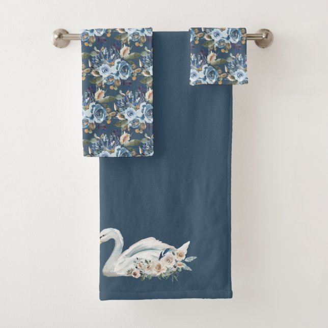 Conjunto De Toalhas Cisne floral branca no azul (Insitu)