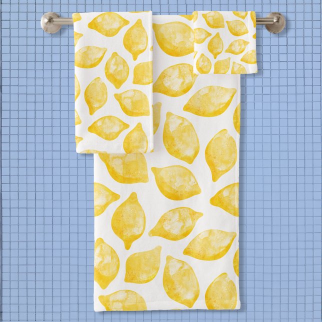 Conjunto De Toalhas Citrus de Padrão de Limão de Aquarela (Modern citrus lemon fruit watercolor art bathroom towel set)