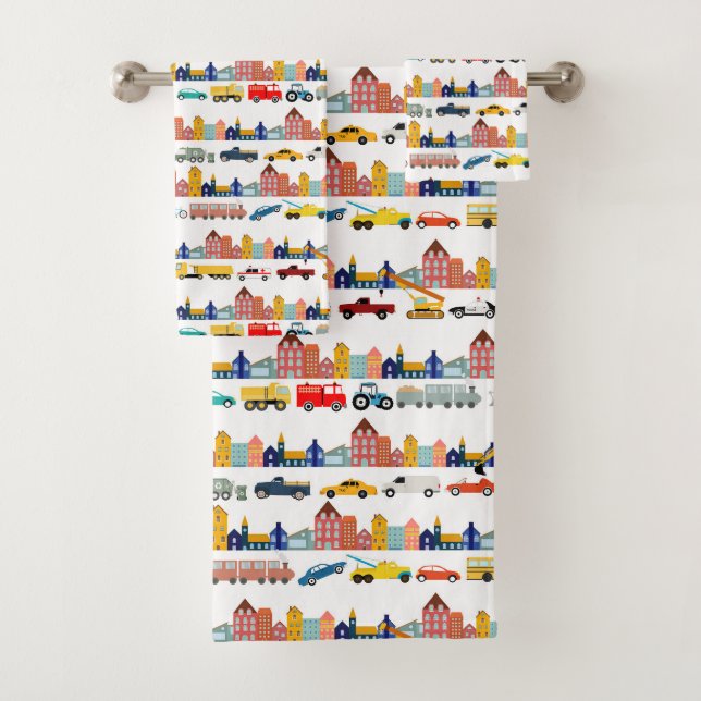 Conjunto De Toalhas City Transportation Vehicles Trucks Cars Kids (Insitu)